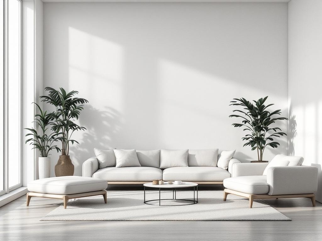 A minimalist living room featuring a light-colored sofa, a round coffee table, and potted plants, creating a neutral home aesthetic.