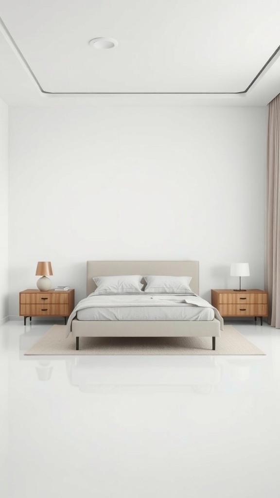 A minimalist bedroom featuring a light-colored bed, wooden nightstands, and soft lighting.