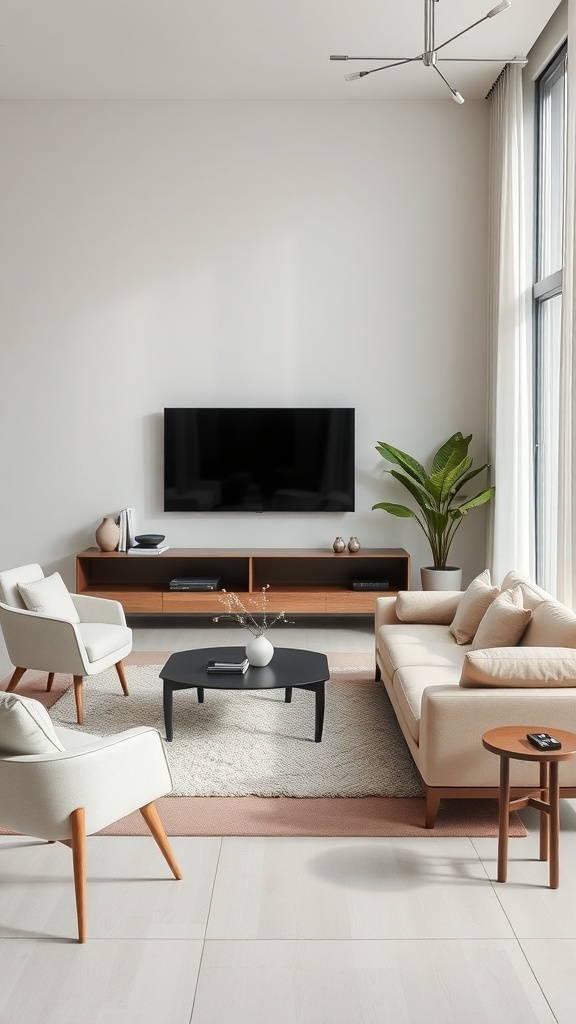 A minimalist living room featuring neutral furniture, a coffee table, and a plant.
