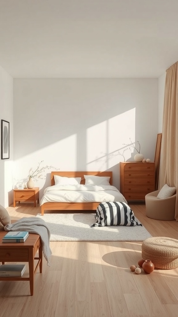 A minimalist earthy bedroom with wooden furniture and soft textiles.