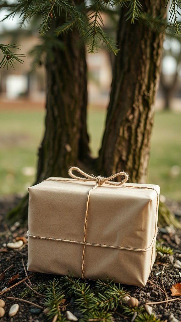 A beautifully wrapped gift in brown paper with twine, placed on the ground near a tree.