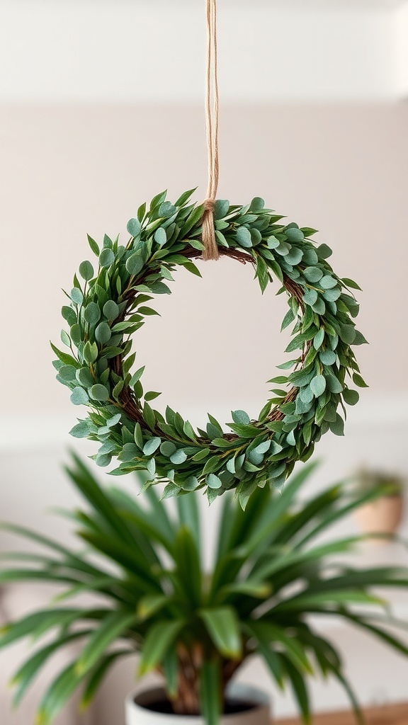 A minimalist greenery wreath made of fresh leaves, hanging with a natural twine.
