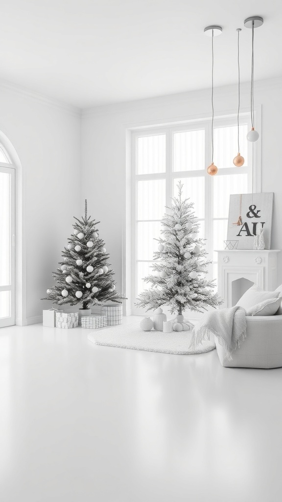 A minimalist Christmas room with white trees, soft furnishings, and a clean aesthetic.