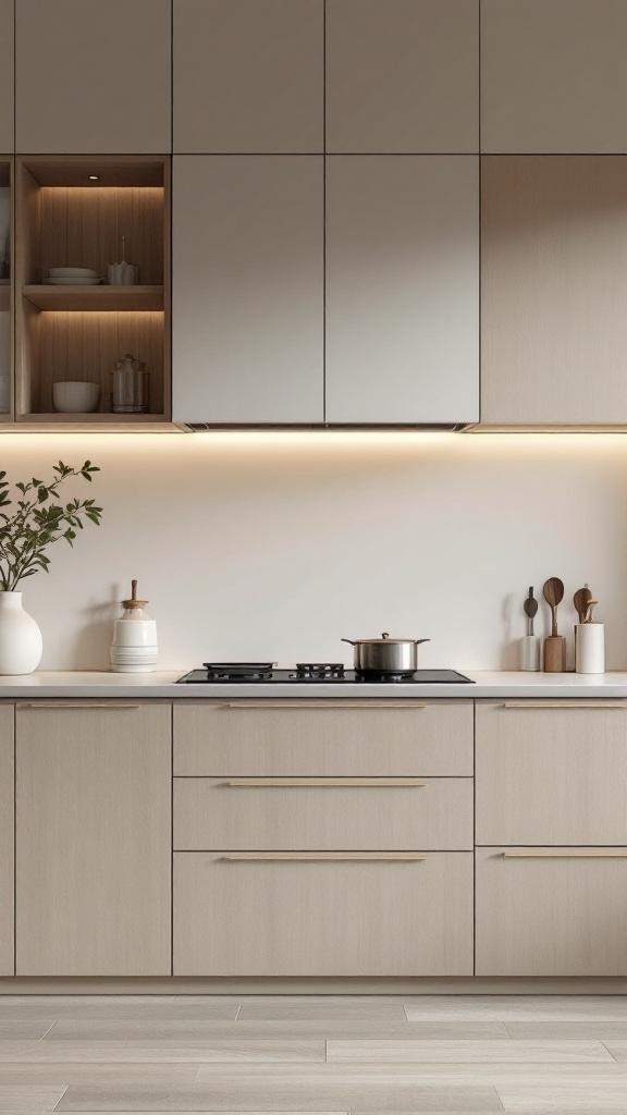 A modern kitchen featuring a minimalist integrated hood with light wood cabinetry and soft lighting.