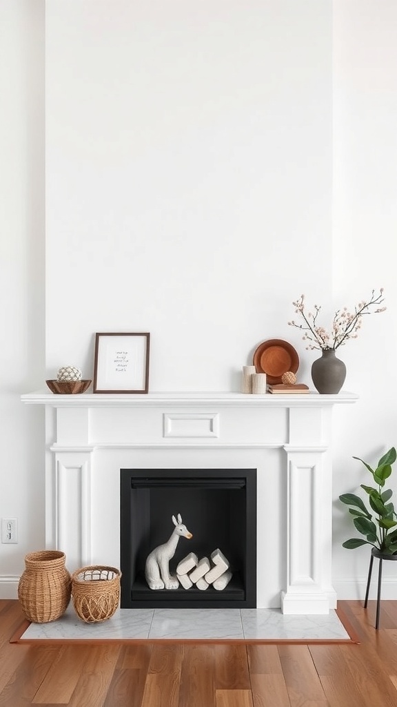 A minimalist mantle decor featuring woven baskets, a figurine, and simple decorative items.