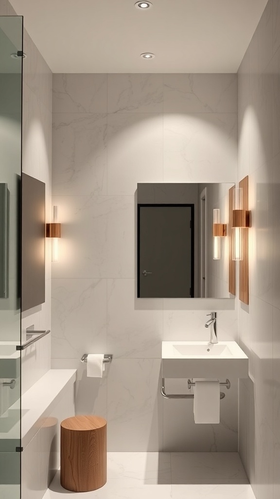 A minimalist bathroom featuring sleek lighting fixtures and a clean design.