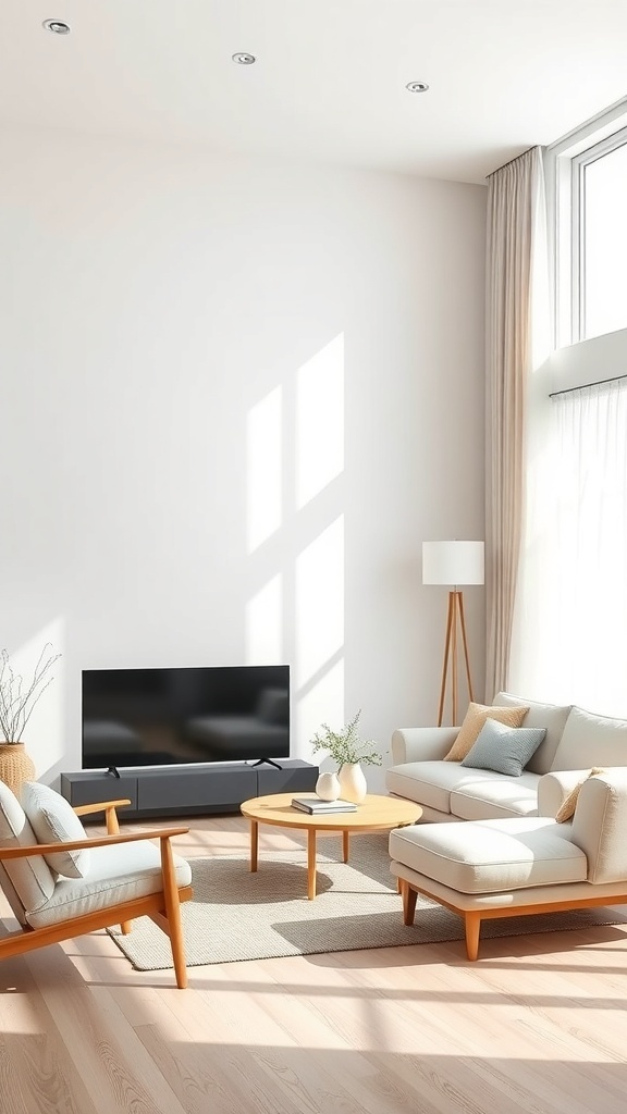A bright and airy minimalist living room with light-colored furniture and a simple design.