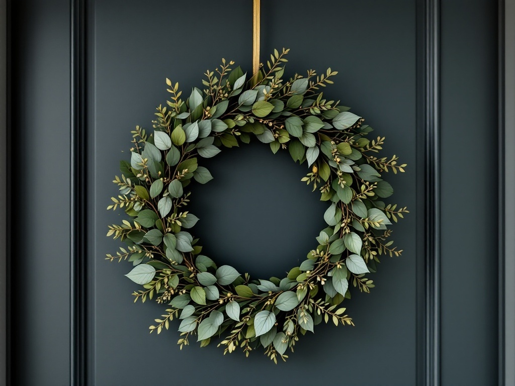 A minimalist modern wreath made of green leaves and small accents, hanging on a dark wall.