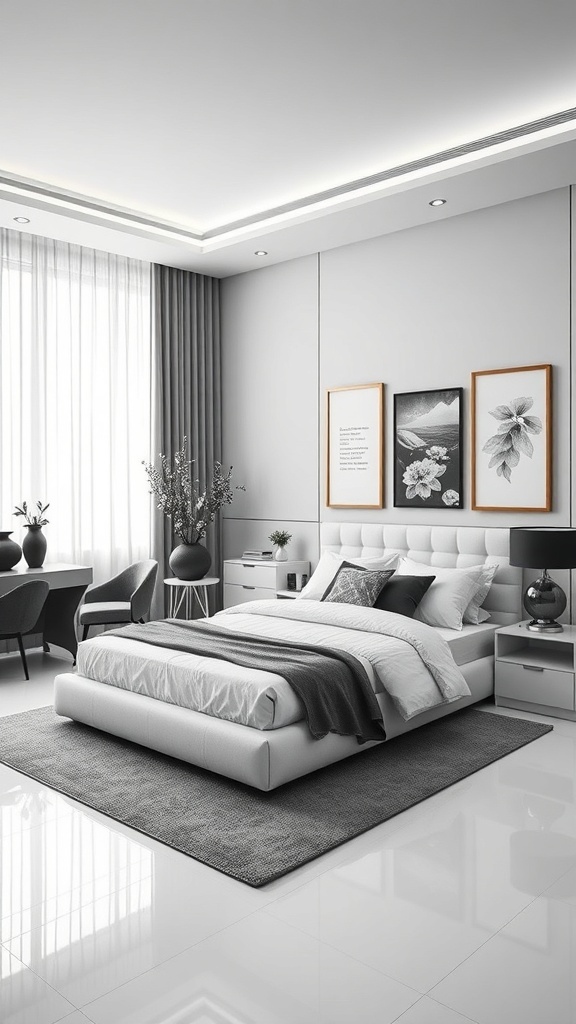 A minimalist monochrome bedroom featuring a gray and white color scheme with modern furniture.