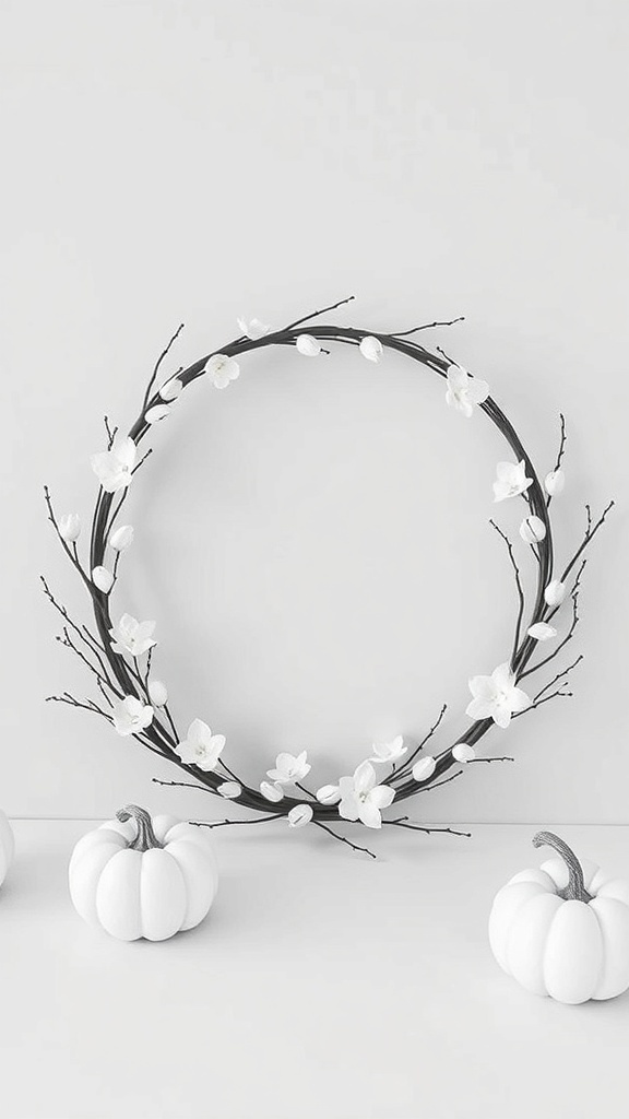 A minimalist monochrome wreath made of black branches and white flowers, with white pumpkins around it.