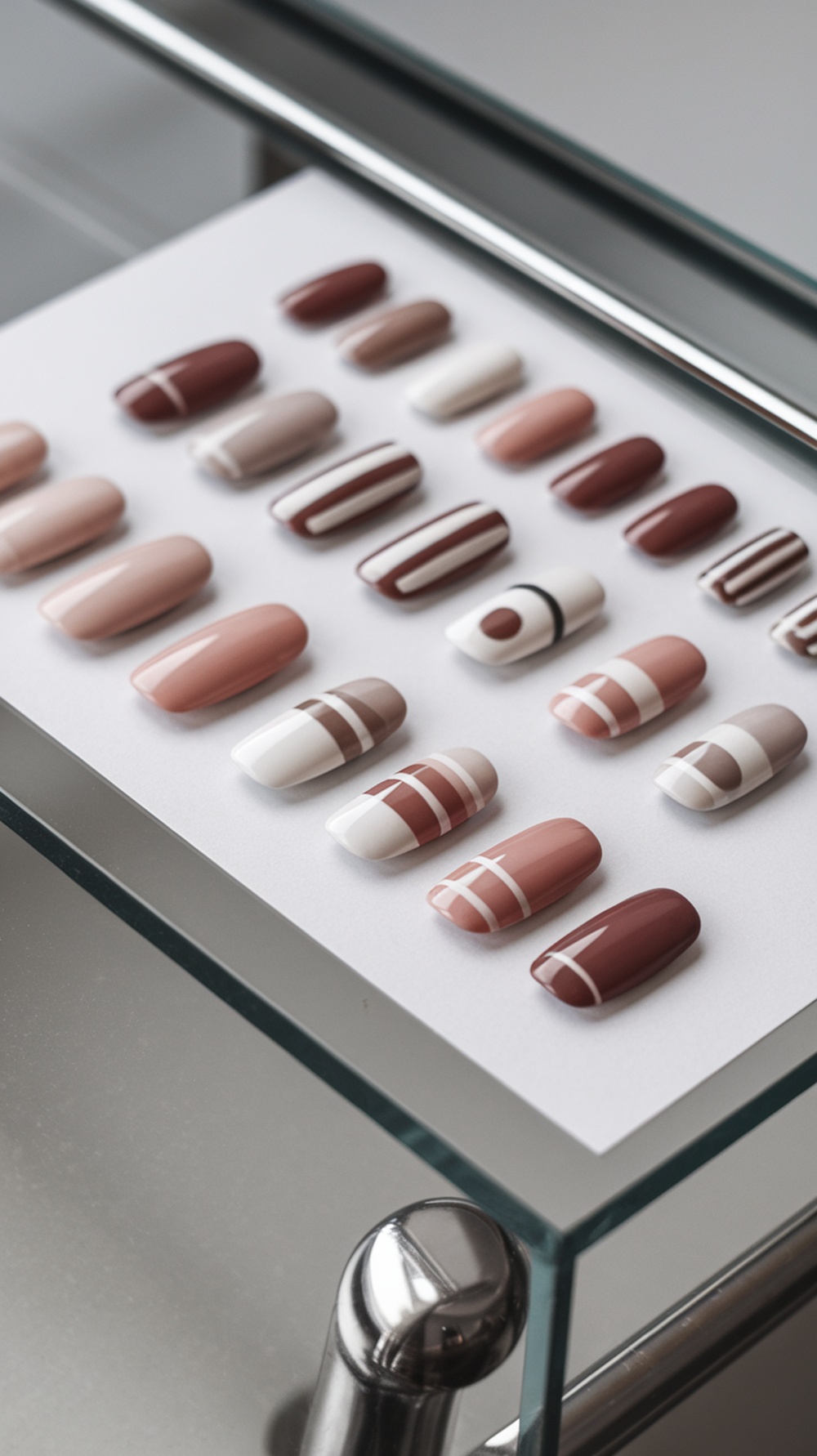 A display of various minimalist nail art designs featuring neutral and fall colors.