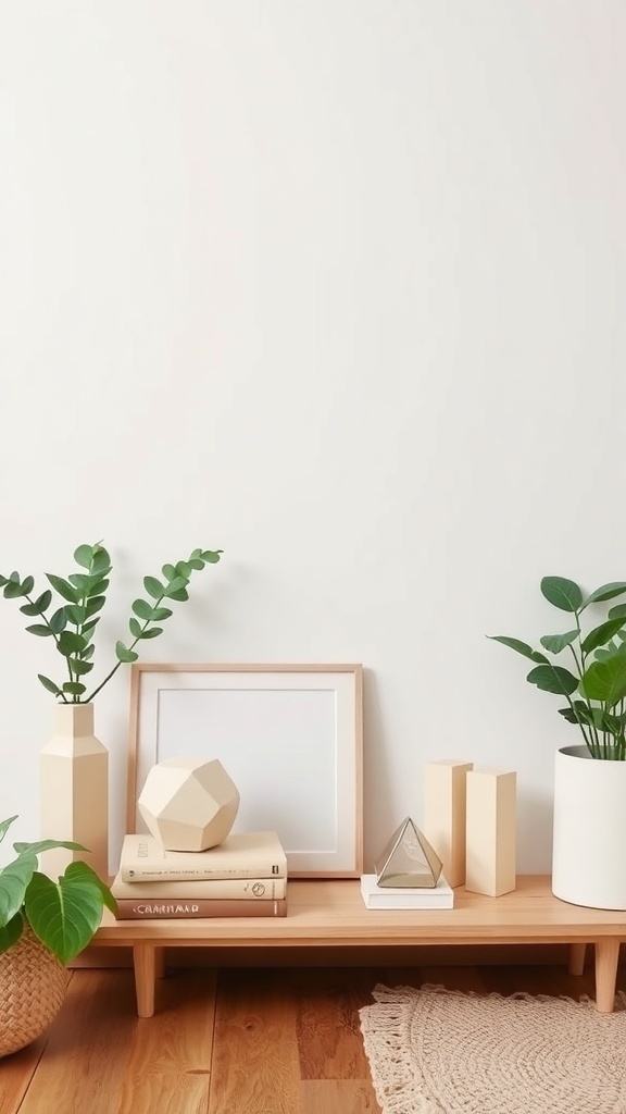 A minimalist decor setup featuring the words 'NEW YEAR', a wooden bench, and potted plants.