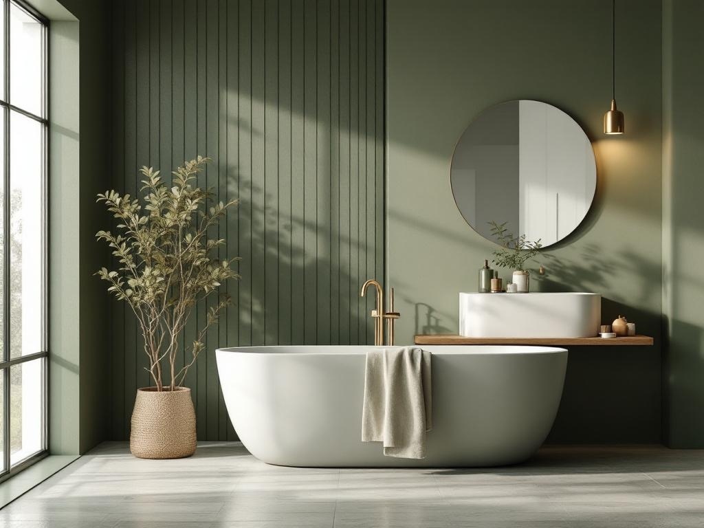 Minimalist bathroom with olive green walls, a freestanding tub, a potted plant, and warm lighting.