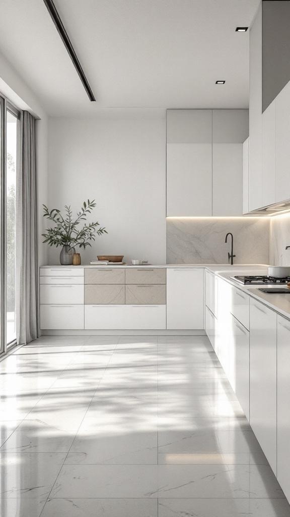 A minimalist open concept kitchen with white cabinetry, light flooring, and natural light from large windows.