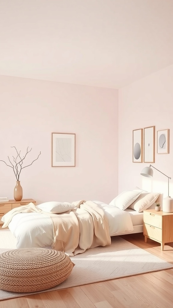 A minimalist pink bedroom featuring light pink walls, wooden furniture, and soft textiles.