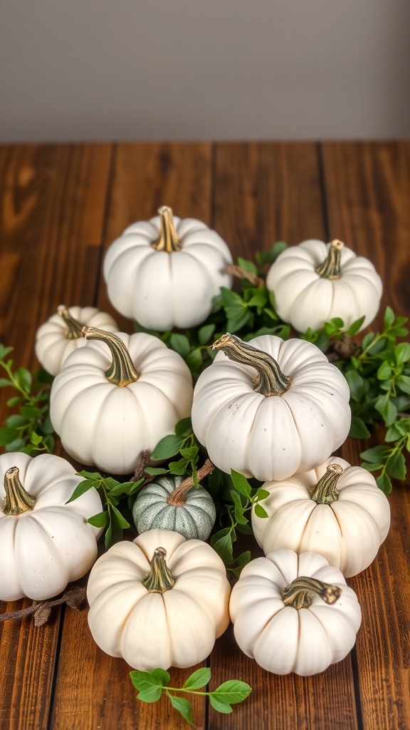 A collection of white pumpkins arranged with greenery on a wooden surface.