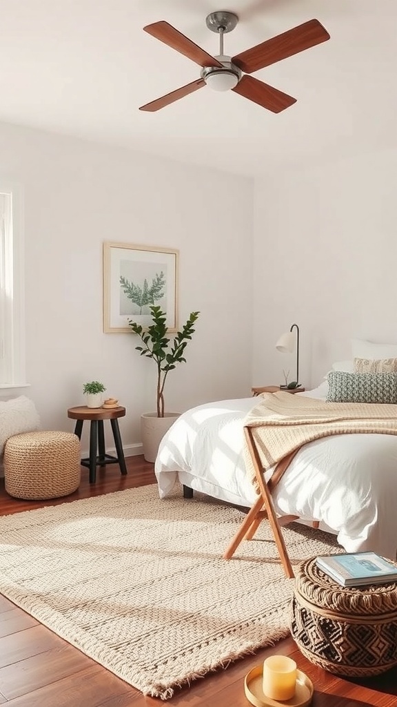 A minimalist bedroom featuring a simple rug, plants, and a cozy bed.
