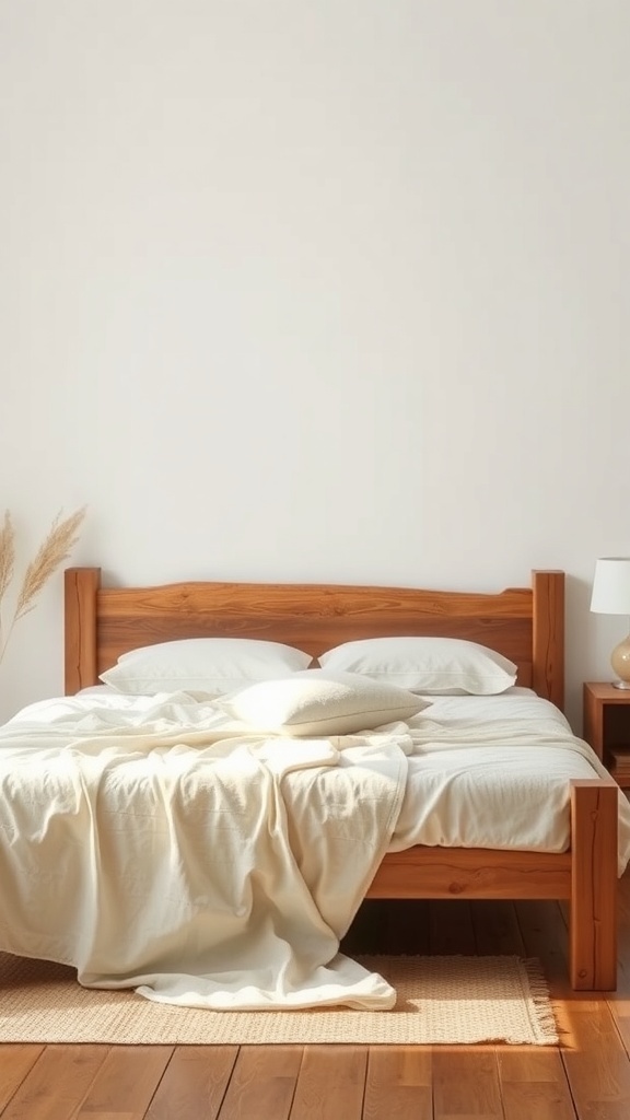 A rustic wooden bed frame with white bedding and a simple decor