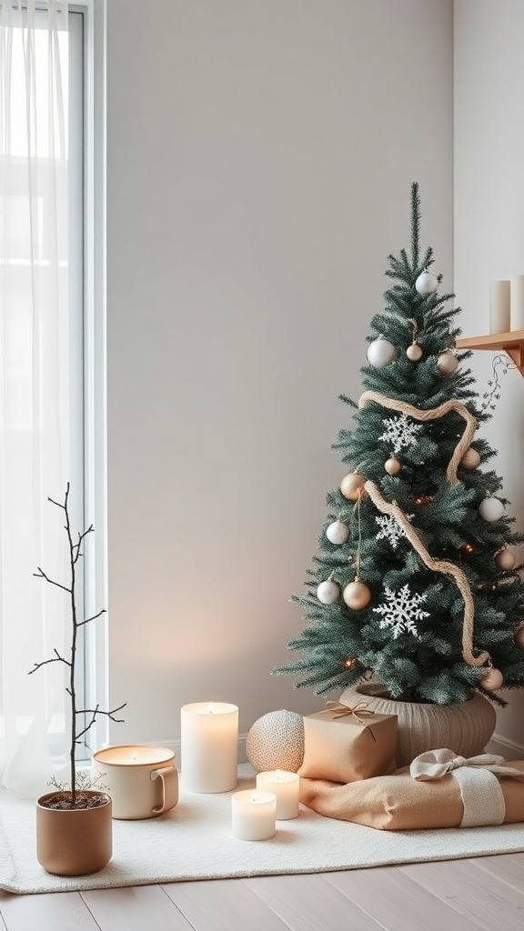 A minimalist Scandinavian Christmas decor featuring a small tree, candles, and neutral colors.