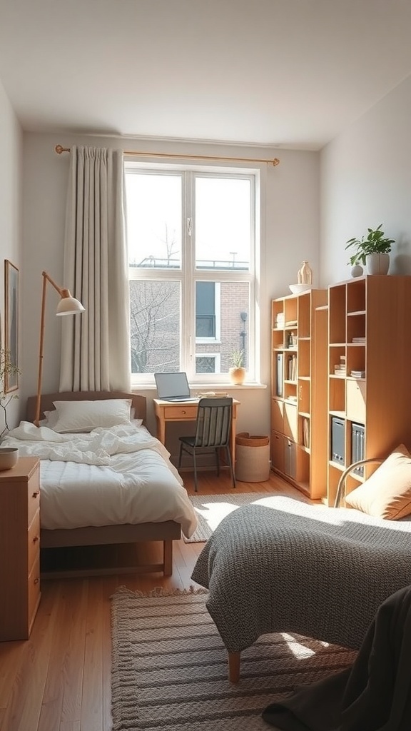 A minimalist Scandinavian dorm room with light wood furniture, a cozy bed, a desk, and natural light.