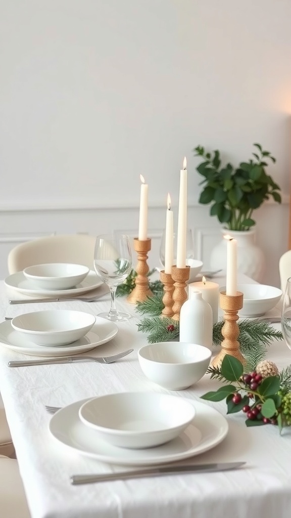 A minimalist Scandinavian Christmas dinner table setting with white dishware, wooden candle holders, and greenery.