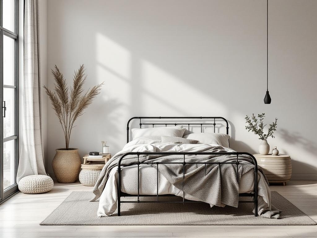 A minimalist Scandinavian bedroom featuring a black metal bed frame, neutral bedding, and natural decor.
