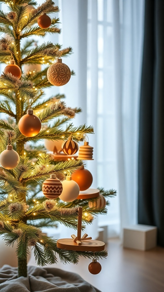 A minimalist Scandinavian style Christmas tree decorated with soft-colored ornaments and warm lights.