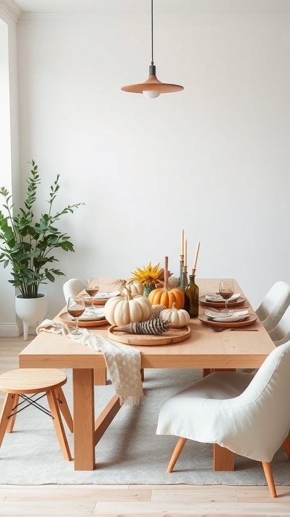 A minimalist Scandinavian style Thanksgiving table with pumpkins, sunflowers, and light wood furniture.