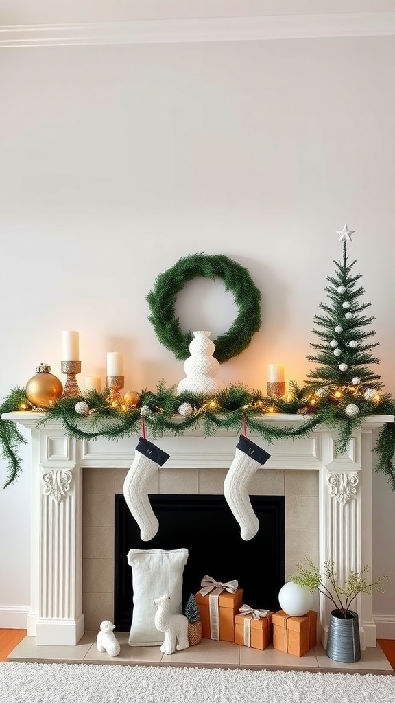 A minimalist Scandinavian style Christmas mantle with greenery, candles, and simple decorations.