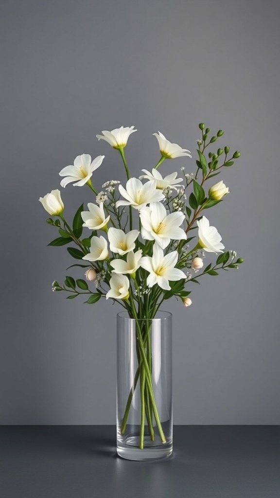 A minimalist floral centerpiece featuring white flowers in a clear vase against a gray background.