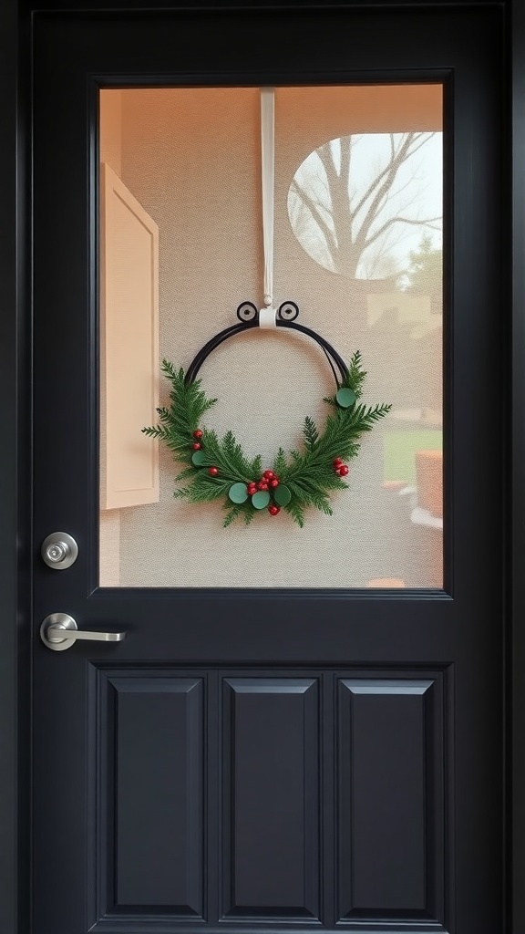 A minimalist Scandinavian wreath with a black frame, greenery, and red berries, hanging on a front door.