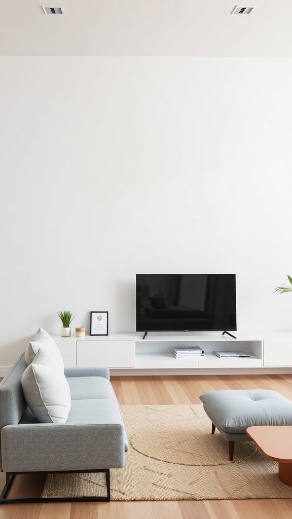A minimalist living room with simple shelving and a cozy sofa.
