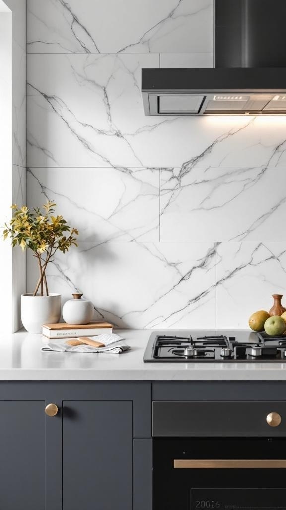 A minimalist kitchen with a white marble backsplash and dark cabinets, featuring a gas stove and decorative items on the countertop.