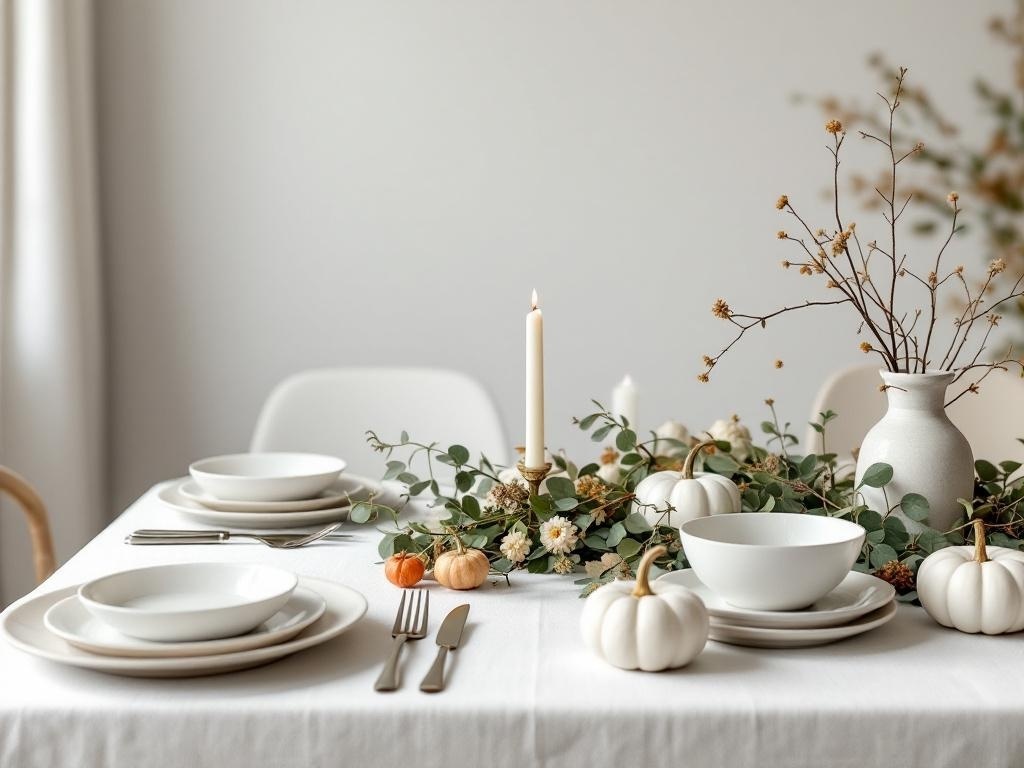 A minimalist Thanksgiving table setting with white plates, pumpkins, greenery, and a candle.