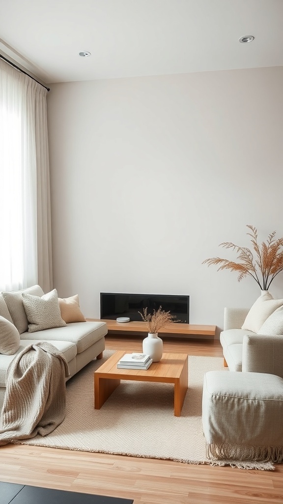 A minimalist living room featuring neutral textiles and a wooden coffee table.