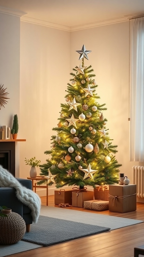 A beautifully decorated minimalist Christmas tree with soft lights and elegant ornaments in a cozy living room.