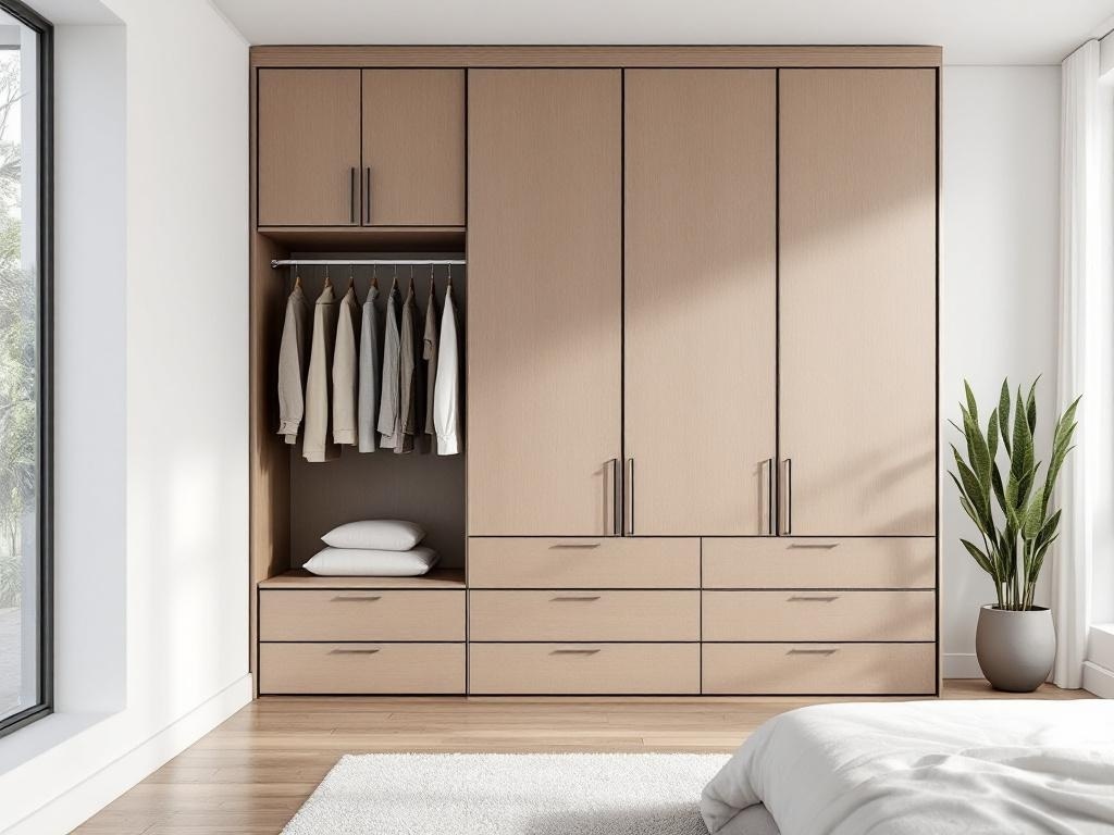 A minimalist wardrobe design featuring light wood finish, hanging space, and drawers in a bright bedroom.