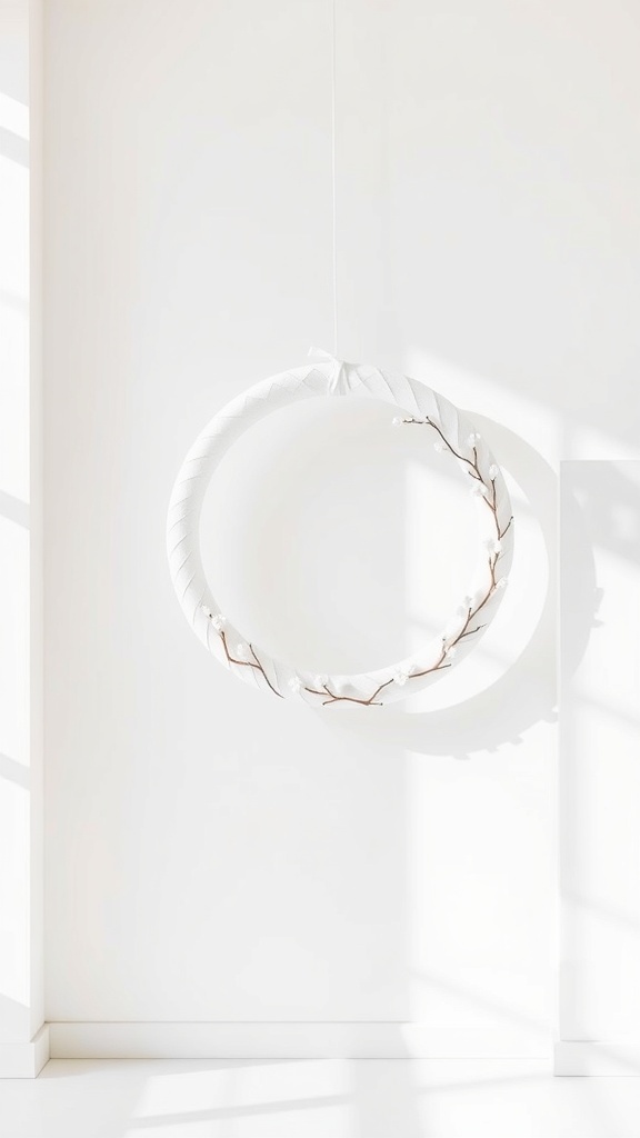 A minimalist white wreath hanging on a wall with soft shadows.