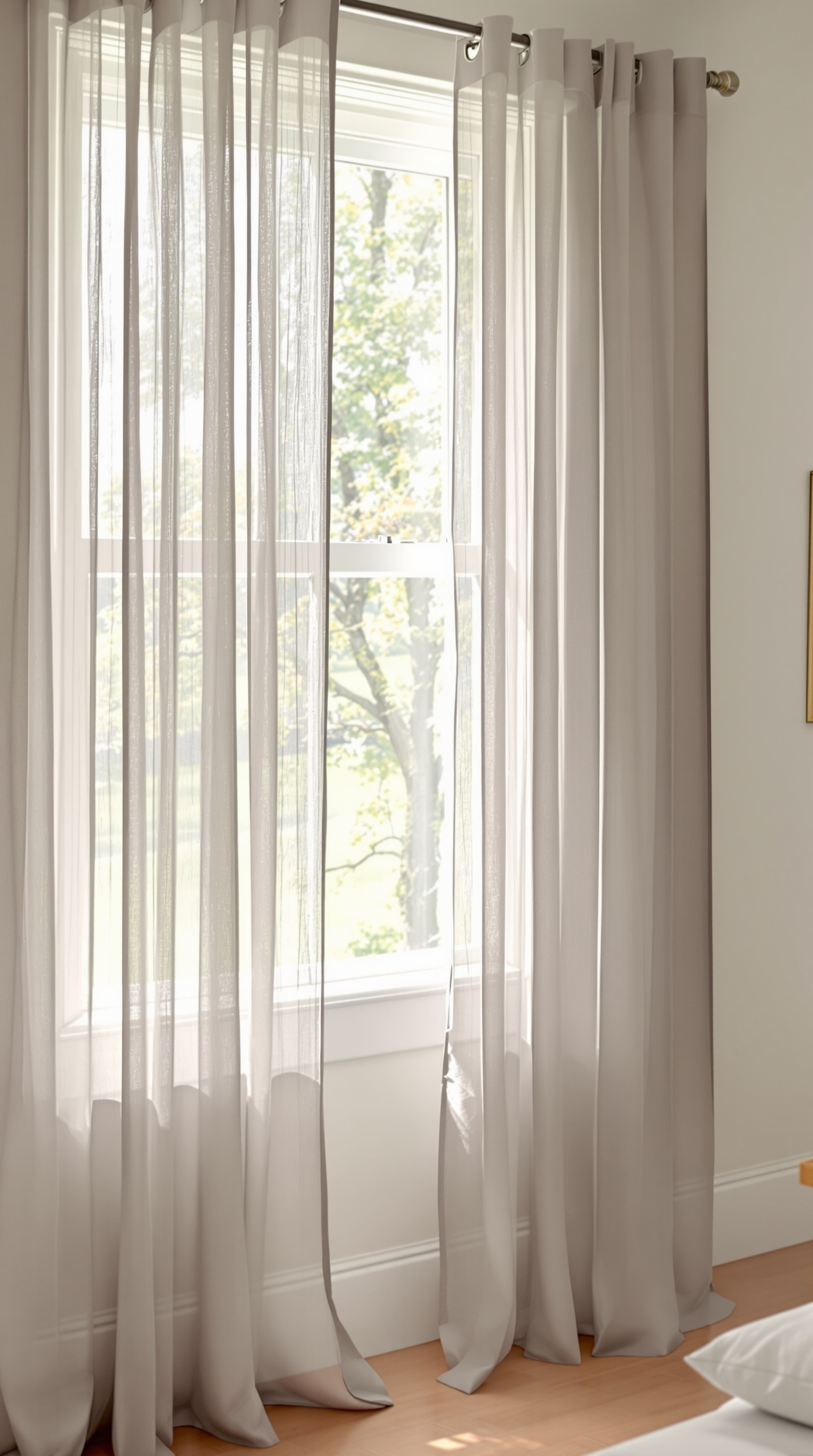 Sheer curtains gently filtering sunlight through a window in a minimalist bedroom.
