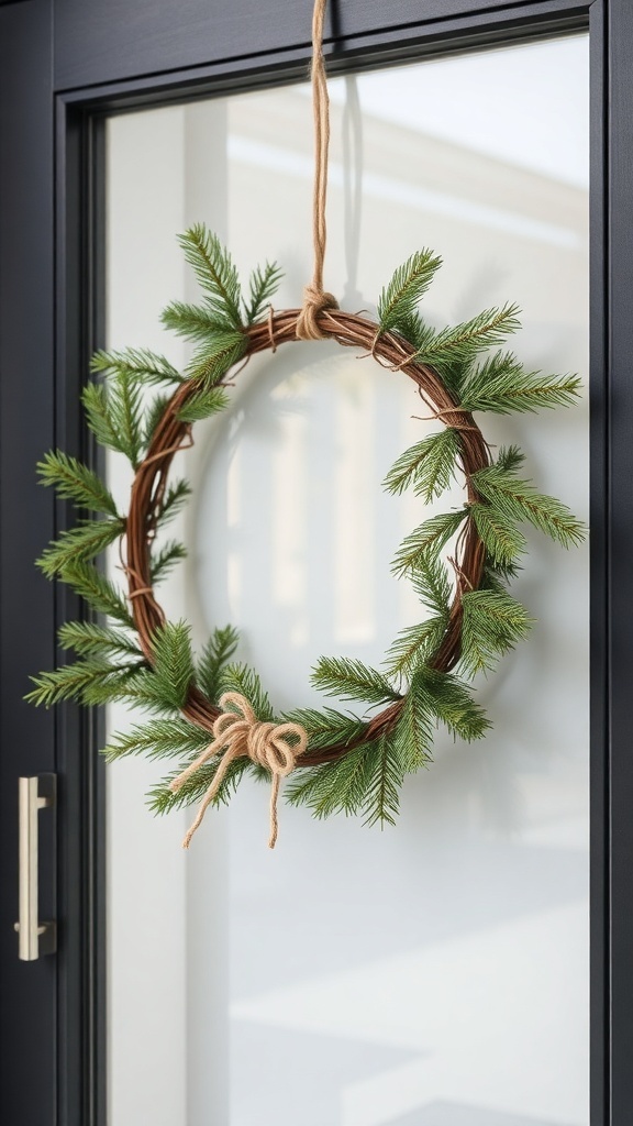 A minimalist winter wreath made of pine branches on a front door.