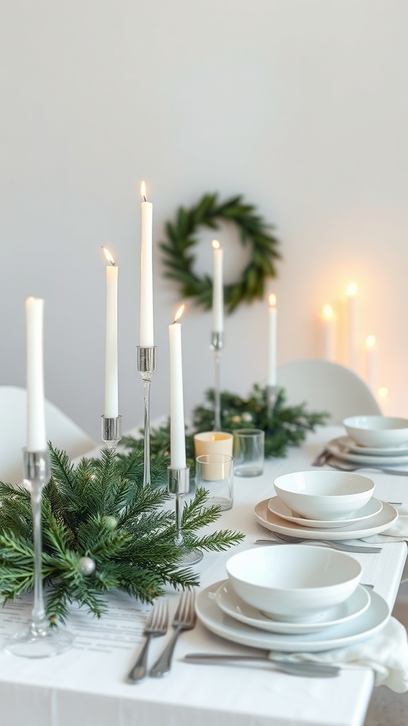 A minimalist winter tablescape featuring white dishes, candles, and greenery.