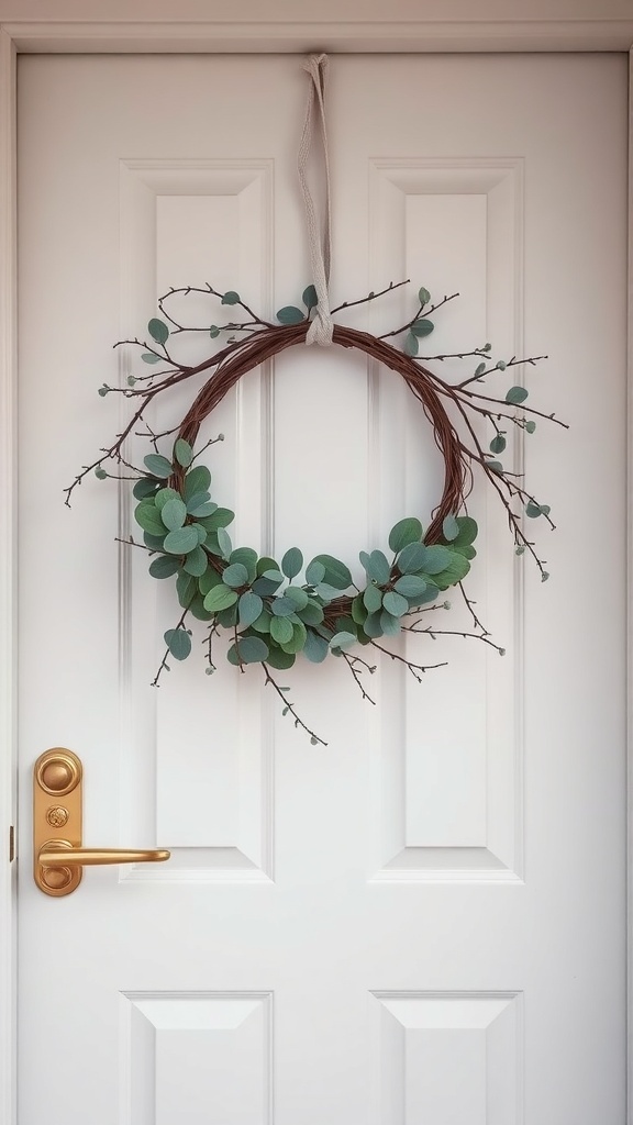 A minimalist wreath made of twigs and green leaves hanging on a white door.