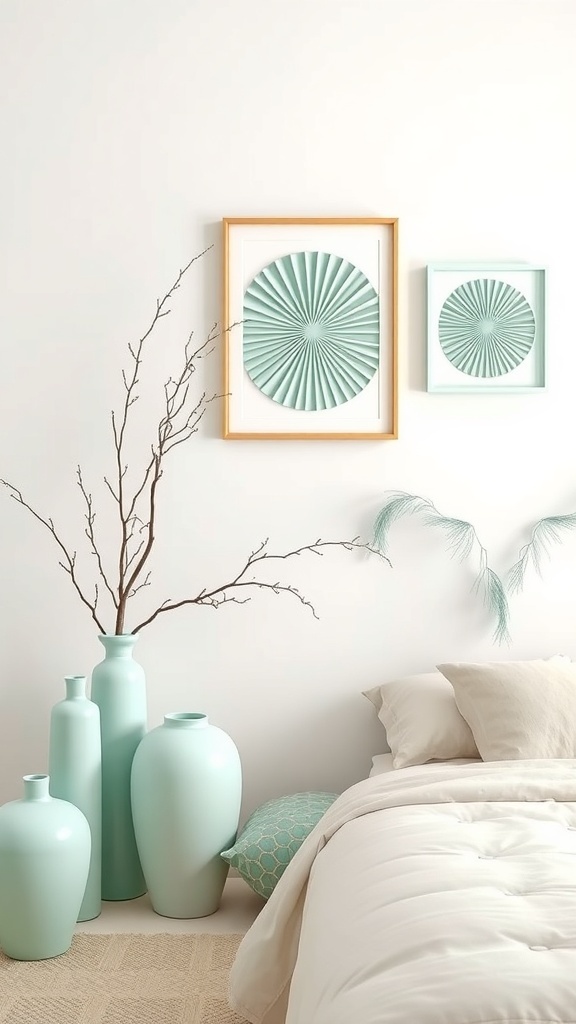 Mint green decorative elements in a pastel bedroom