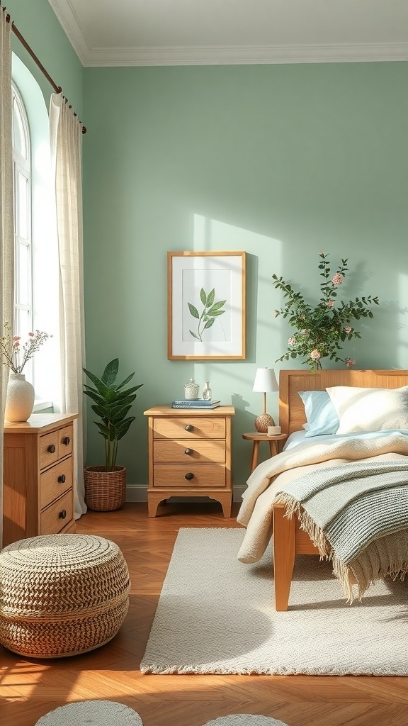 A mint green bedroom with wooden furniture, plants, and soft textiles.