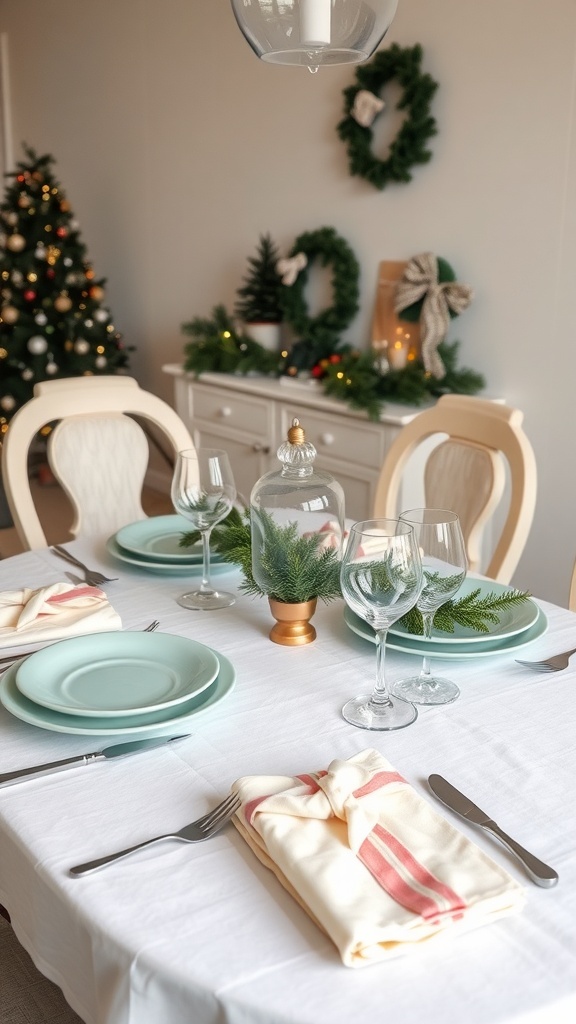 A beautifully set table with mint green plates, festive napkins, and a centerpiece of greenery.