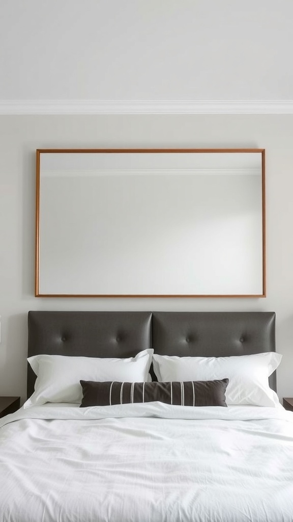 A large, simple mirror above a bed with a dark headboard and white bedding.