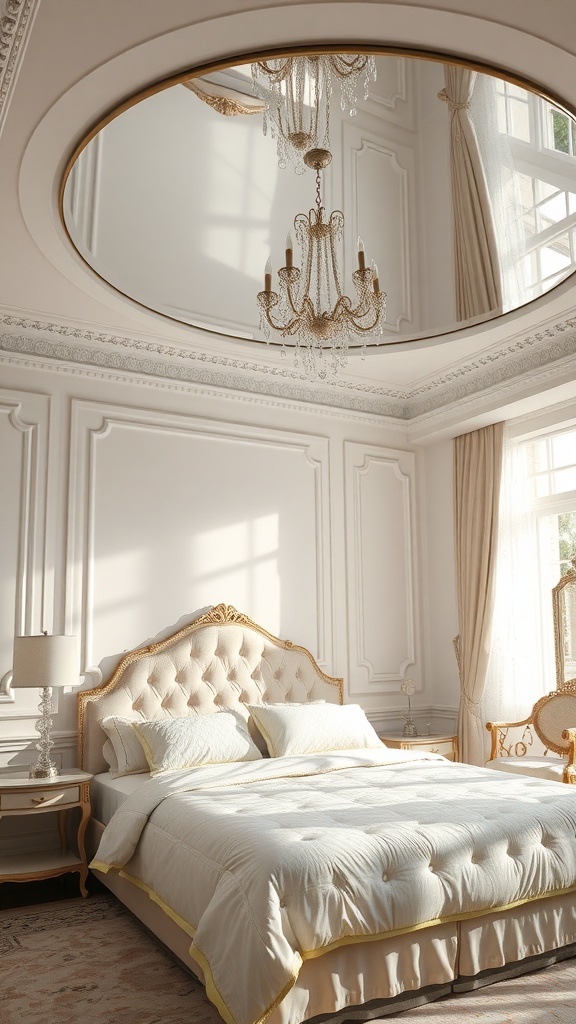 A luxurious bedroom with a circular mirror ceiling reflecting a chandelier, featuring soft colors and elegant decor.