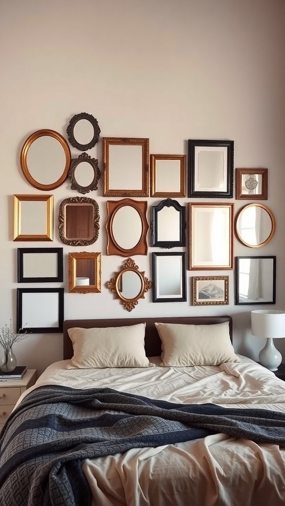 A collection of various framed mirrors arranged on a wall above a bed, showcasing different styles and sizes.