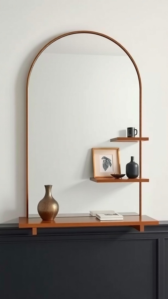 A modern mirror with floating shelves, featuring a simple design and stylish decor items.