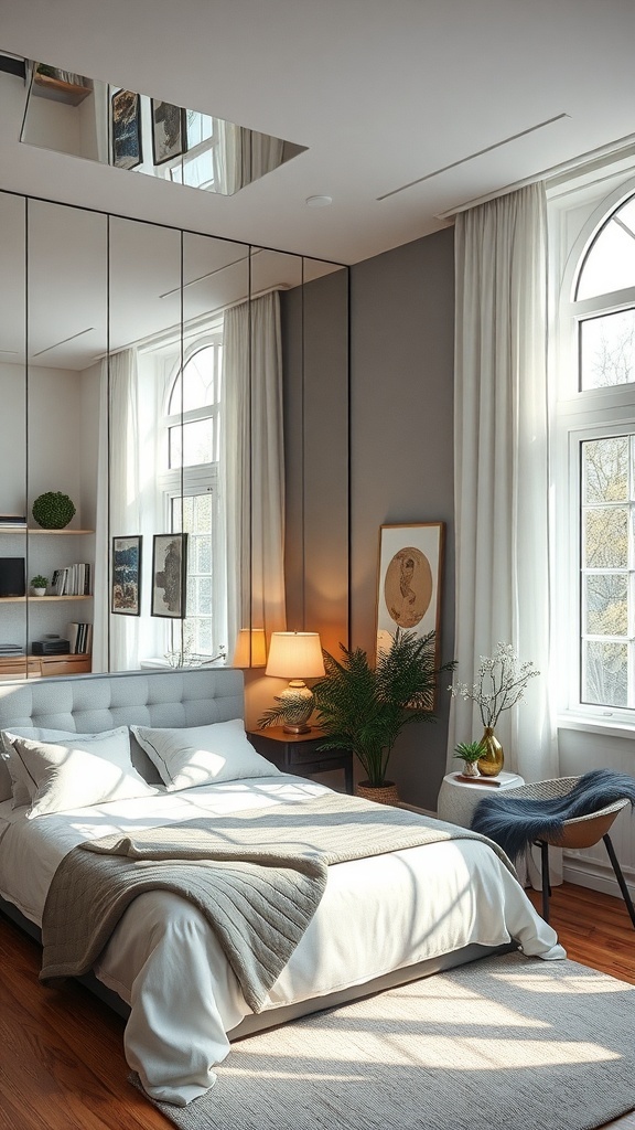 A stylish bedroom featuring a mirrored accent wall, bright curtains, and cozy decor.